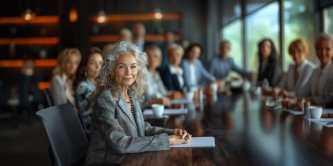 Stylish and confident elderly woman posing while sitting at table and leading a boardroom meeting, seated at the head of the table. Business and entrepreneurship concept