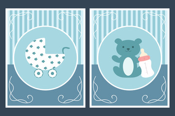Template cards with baby carriage and teddy bear for boy. For baby shower or greeting card. Vector illustration
