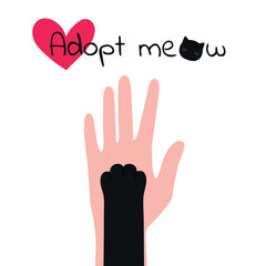 Adopt meow. Cat paw on human hand. Adopt a pet, pet donate and veterinarian care concept. Vector illustration