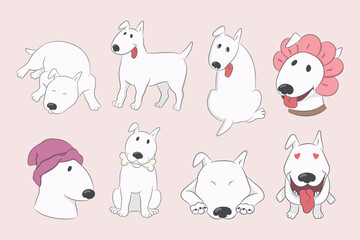 Cartoon dog set with a funny bull terrier. Funny dog character. Hand drawn vector illustration