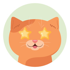 Cartoon red tabby cat with stars in his eyes. The cat is delighted and looks at the object of adoration. Vector illustration