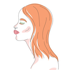 Hand drawn woman portrait outline.  Profile of a young redhead female. Vector illustration