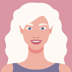 Beautiful happy Albino woman portrait. Avatar of a young female with albinism. Genetic rare appearance. Vector illustration