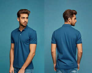 Front and back views of a man wearing a blue polo shirt mockup template