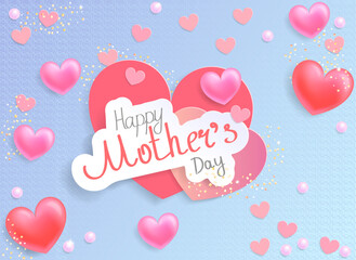 Happy Mother's day card with text, and hearts in red and pink colors on the blue background. Cute vector illustration.