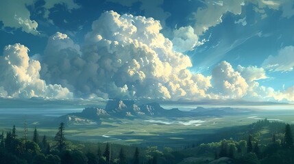 Majestic Cumulus Cloud Formation Over Landscape, nature, cloudscape, atmospheric, weather - obrazy, fototapety, plakaty