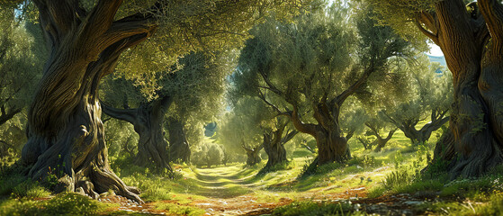 A forest with many old olive trees and a path in the middle