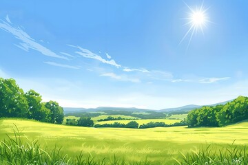 Lush Green Cornfield Under Blue Sky, clear sky, bountiful harvest, agriculture, crops - obrazy, fototapety, plakaty