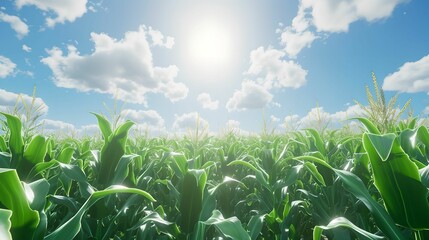 Thriving Cornfield on a Sunny Day, green stalks, agriculture, rural, crops - obrazy, fototapety, plakaty
