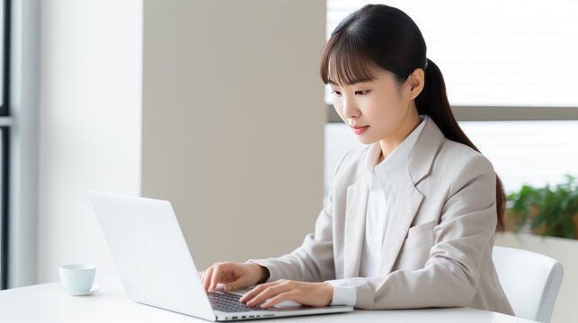 Professional Woman Working on a Laptop in a Modern Office Environment During Daytime