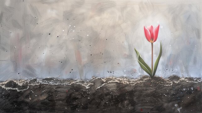 Różowy tulipan rozwinął się na niejałowej suchej ziemi. Koncept rozwoju i wytrwałości