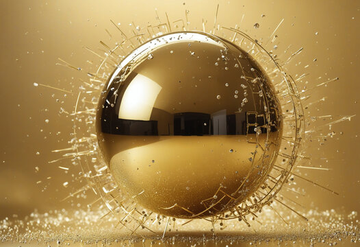 Abstract sphere floating on a golden background