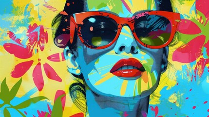 Obraz przedstawia kobieta ubraną w czerwone okulary. Postać jest centralnym elementem obrazu, przyciągając uwagę widza na tle wiosennej sztuki pop art.