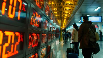 Bustling Terminal, Close-Up View of Currency Exchange Rates Amidst Travelers - obrazy, fototapety, plakaty
