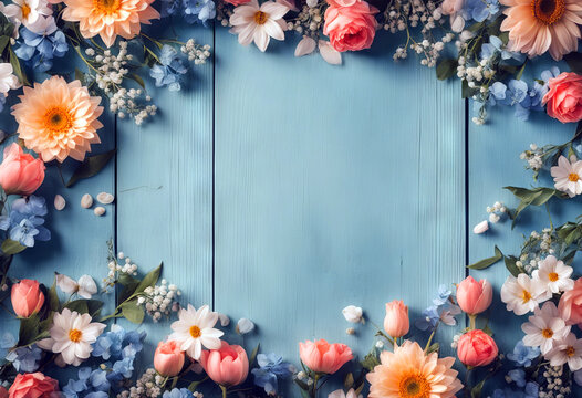 Spring flower wreath garland frame on an old rustic blue wood background stock photo