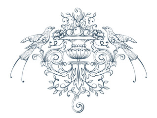 Luxury decorative vector element with bird, baroque monogram, renaissance emblem, luxury label