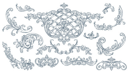 Luxury decorative vector elements set, rococo and baroque style
