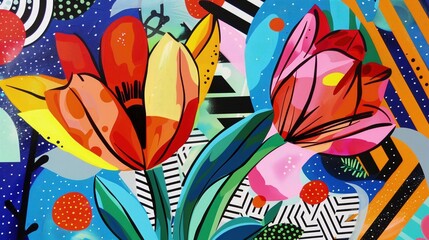 Dwa kwiaty prezentują się w jasnych kolorach, tworząc wiosenny motyw na tle radosnego abstrakcyjnego tła z liniami. - obrazy, fototapety, plakaty