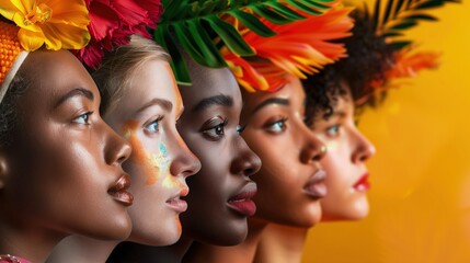 Grupa kobiet o różnych kolorach, kwiaty na głowach. Wyglądają na skupione i odśiweżone - obrazy, fototapety, plakaty