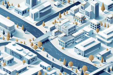 Isometric map or scheme of city with downtown industrial district suburban area paper white buildings houses and river.  - obrazy, fototapety, plakaty