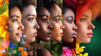 Kolaż przedstawia twarz kobiety, której włosy ozdobione są kwiatami. Obraz utrzymany jest w minimalistycznym stylu, a głównym motywem jest sezon wiosny. - obrazy, fototapety, plakaty