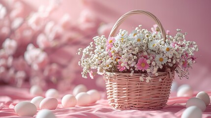 Obraz premium Easter background. Beautiful composition of colorful eggs and spring flowers on a delicate background. Spring holidays concept with copy space.