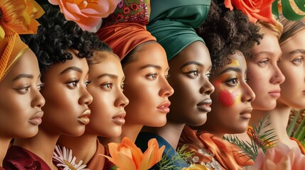 Grupa kobiet stoi razem bez względu na rasę. Są równe sobie i każda z wiosenną ozdobą. - obrazy, fototapety, plakaty