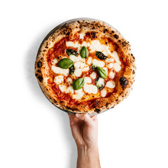 hand serving a delicious and authentic Neapolitan pizza, with fresh ingredients, with transparent background and shadow