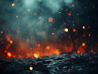 Abstract background with wet ground and fire in the distance