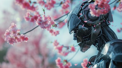 Czarny wyglądający wrogo robot stoi obok drzewa, które jest obficie obsypane różowymi kwiatami. Kontrast ten przedstawia scenę wiosenną z futurystycznym robotem.
