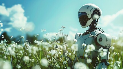 Wiosną robot stoi w polu białych kwiatów. Jego metaliczne ręce i nogi kontrastują z delikatnością otaczającej go przyrody. - obrazy, fototapety, plakaty