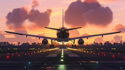 a large jetliner taking off from an airport runway against the backdrop of a stunning and blurred cityscape at sunset. - obrazy, fototapety, plakaty