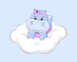 Fototapeta premium Cute cartoon animal. Girl hippo on the cloud. 