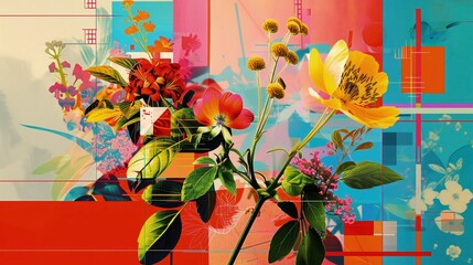 Fototapeta premium Kolaż cyfrowy z wiosennym bukietem kwiatów i geometrycznymi kształtami, tworząc kompozycję idealną na wiosnę.