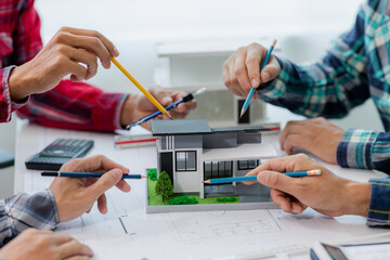 Engineer office team, director about house plans with green printing and home, engineer and...