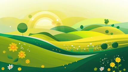 Kilkupoziomowe malowidło przedstawiające zielony pejzaż równinny z kwiatami i drzewami, idealne odzwierciedlenie wiosny. Soczysta zieleń, idealne na tło dla BIO produktów.