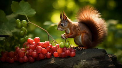 a squirrel is sitting on a rock with grapes and a squirrel is standing on a rock with grapes and a squirrel is standing on a rock