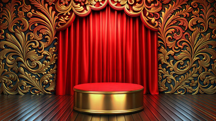 The elegant leaf pattern background combined with the red curtain in the center of the stage. There was a golden pedestal with a red surface on the front. placed on the wooden floor