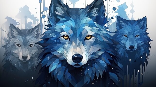 Geometric wolf pack in a cool blue palette