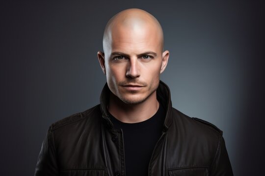 Portrait of a bald headed man in a black leather jacket.