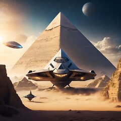 ufo flying over the pyramids - obrazy, fototapety, plakaty