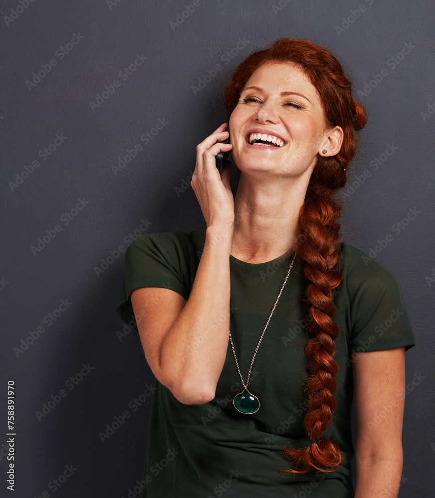 Aufkleber smile, phone call and woman in studio with online chat, networking and happy connection. communicati