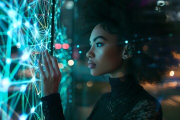 Curious Black Woman Examining Neural Network, artificial intelligence, technology, curiosity, innovation