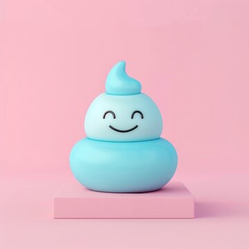 Poop blue color on pink picture, smiley emoticon. Creative cute funny concept.