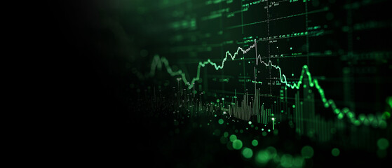 Fototapeta premium Abstract background with Financial charts and graphs technology have wave data, graph crypto high trend, green color ,background cover banner ultra wide 21:9 copy space