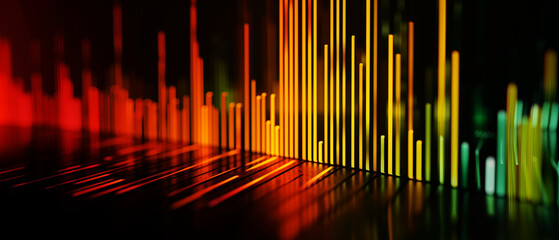 Abstract background with lines Financial charts and graphs technology have wave data, sound wave, Red yellow colorful, background ultra wide 21:9