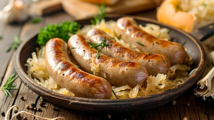 Savory German Bratwurst with Sauerkraut, traditional, cuisine, sausage, street food