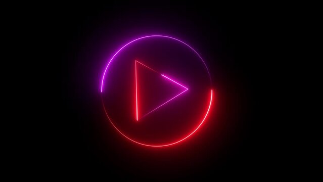 Neon glowing Play button animation on black background. Play button icon neon animation. Music play button icon animation.