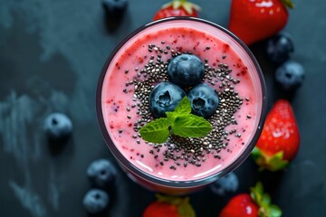Strawberry Blueberry Smoothie with Chia Seeds, healthy, beverage, drink, fresh