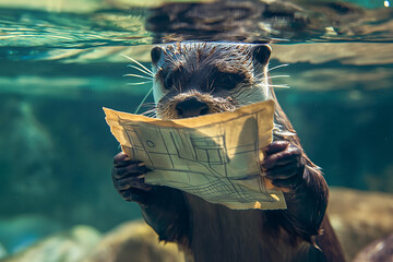 Curious Otter Engages in Unusual Behavior by Examining a Map Underwater